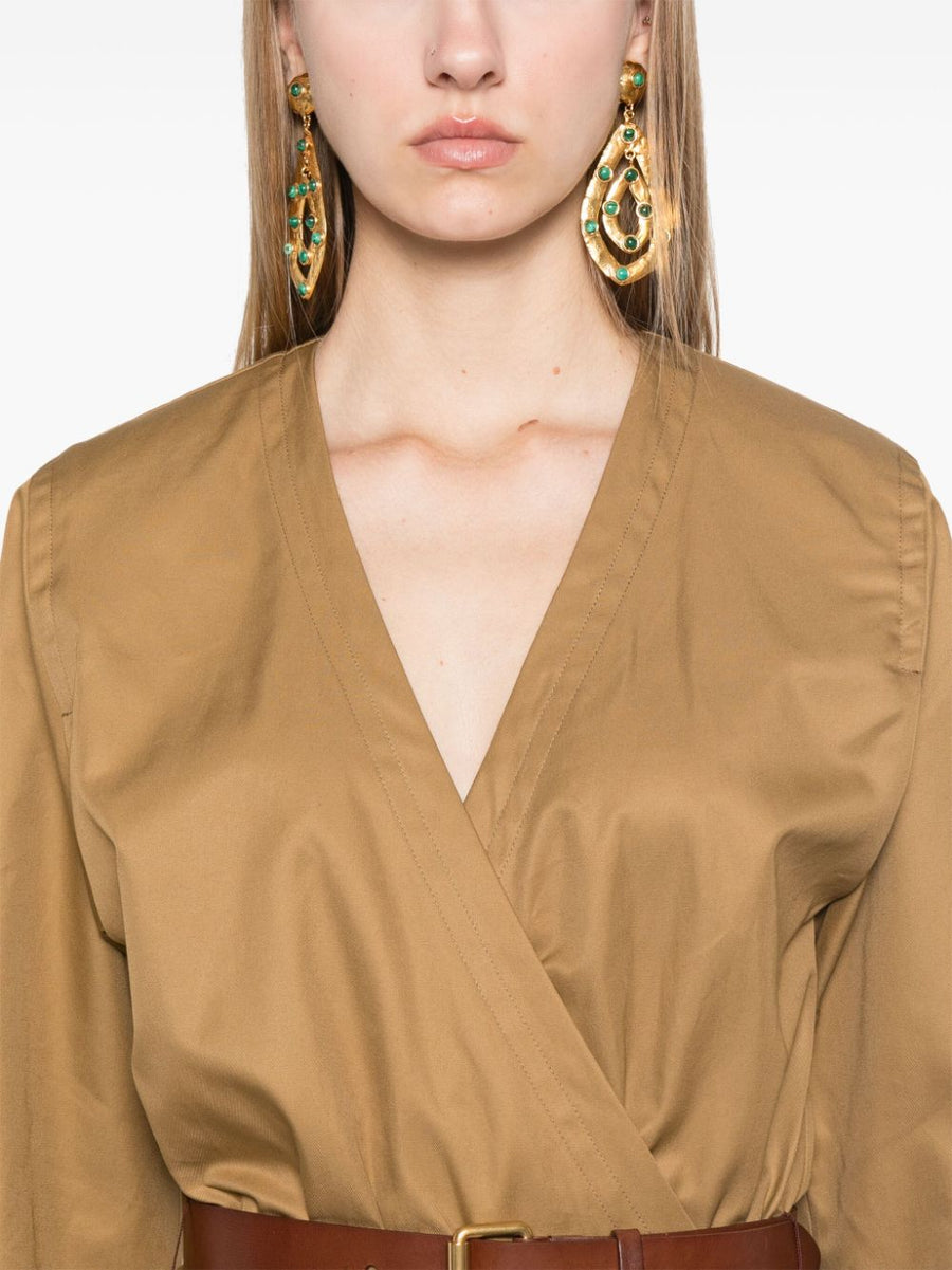 Saint Laurent Camel Cotton Twill Midi Dress With Detachable Belt V Neck Long Sleeves Tailored For Women