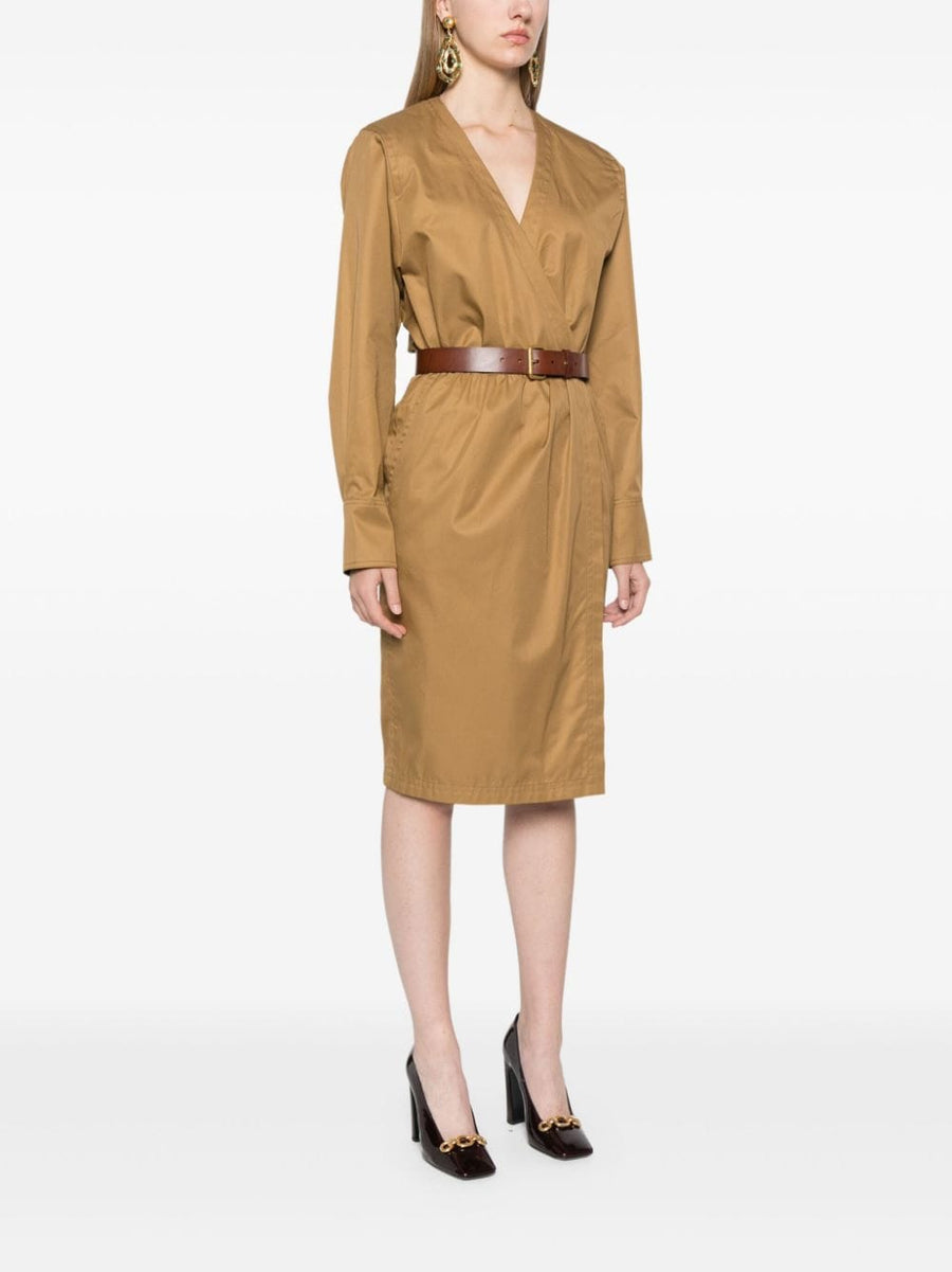 Saint Laurent Camel Cotton Twill Midi Dress With Detachable Belt V Neck Long Sleeves Tailored For Women