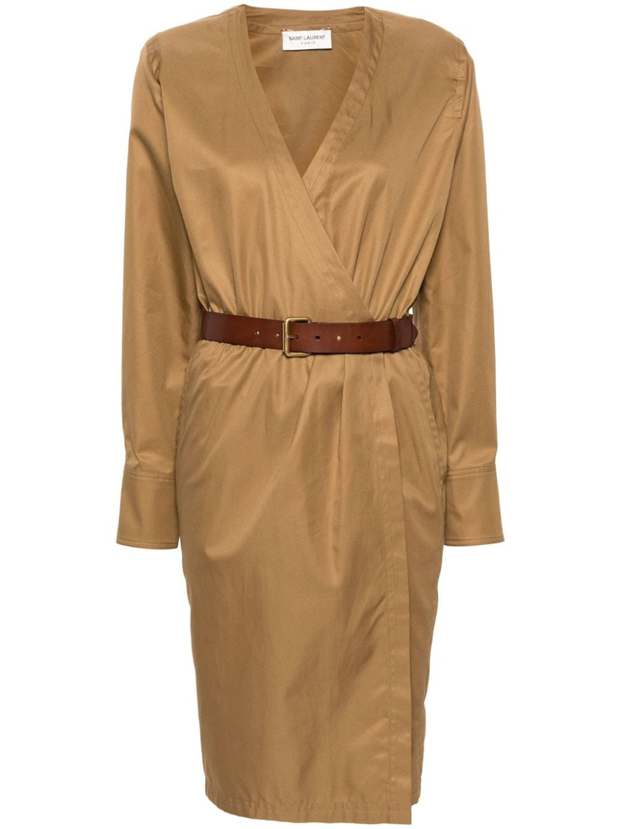 Saint Laurent Camel Cotton Twill Midi Dress With Detachable Belt V Neck Long Sleeves Tailored For Women