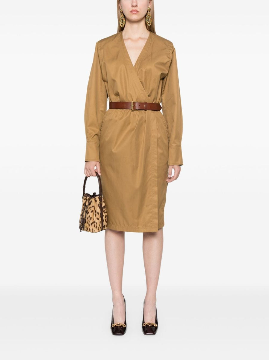 Saint Laurent Camel Cotton Twill Midi Dress With Detachable Belt V Neck Long Sleeves Tailored For Women