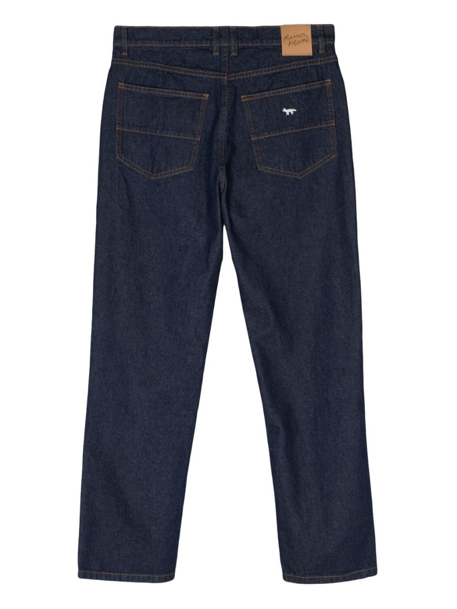 Maison Kitsuné Men's Mid Rise Straight Leg Jeans Indigo Cotton Denim with Clean Modern Silhouette