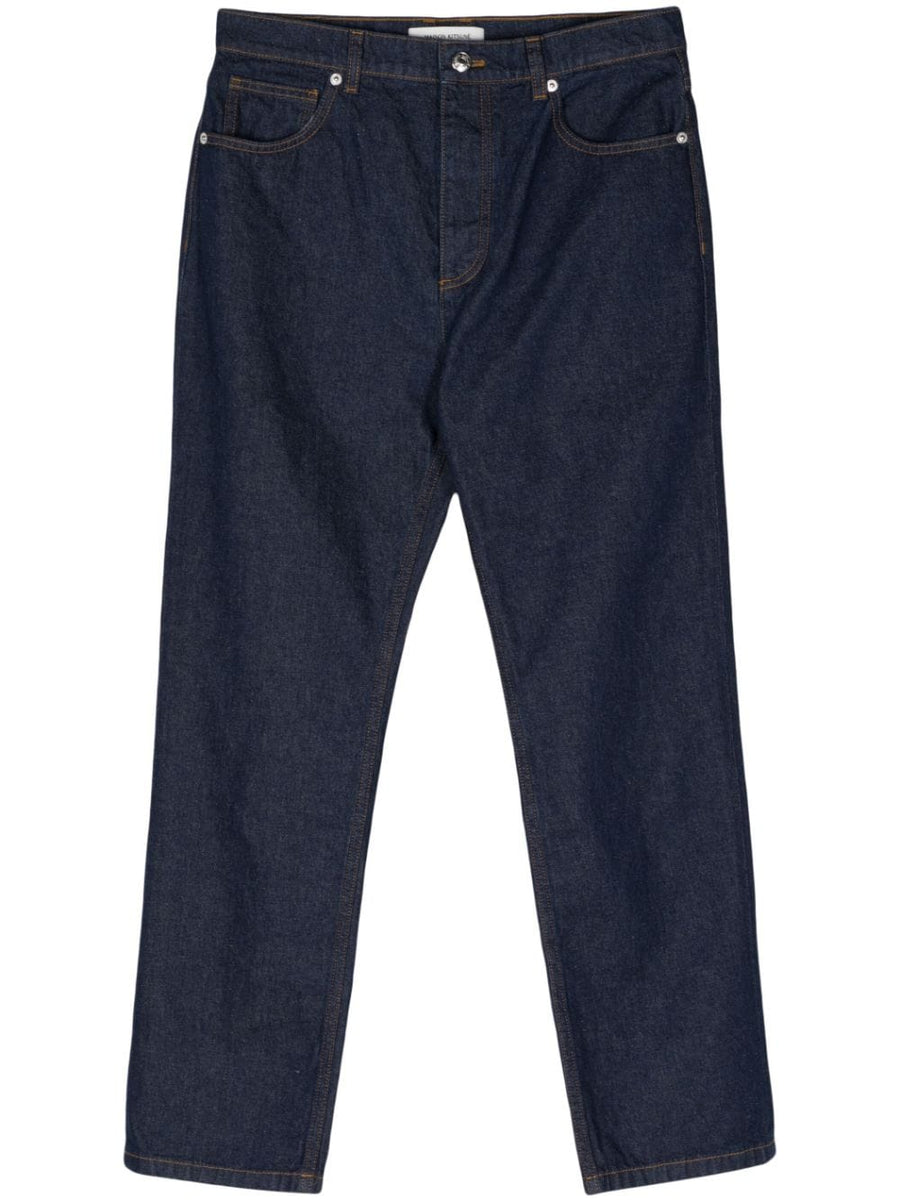 Maison Kitsuné Men's Mid Rise Straight Leg Jeans Indigo Cotton Denim with Clean Modern Silhouette