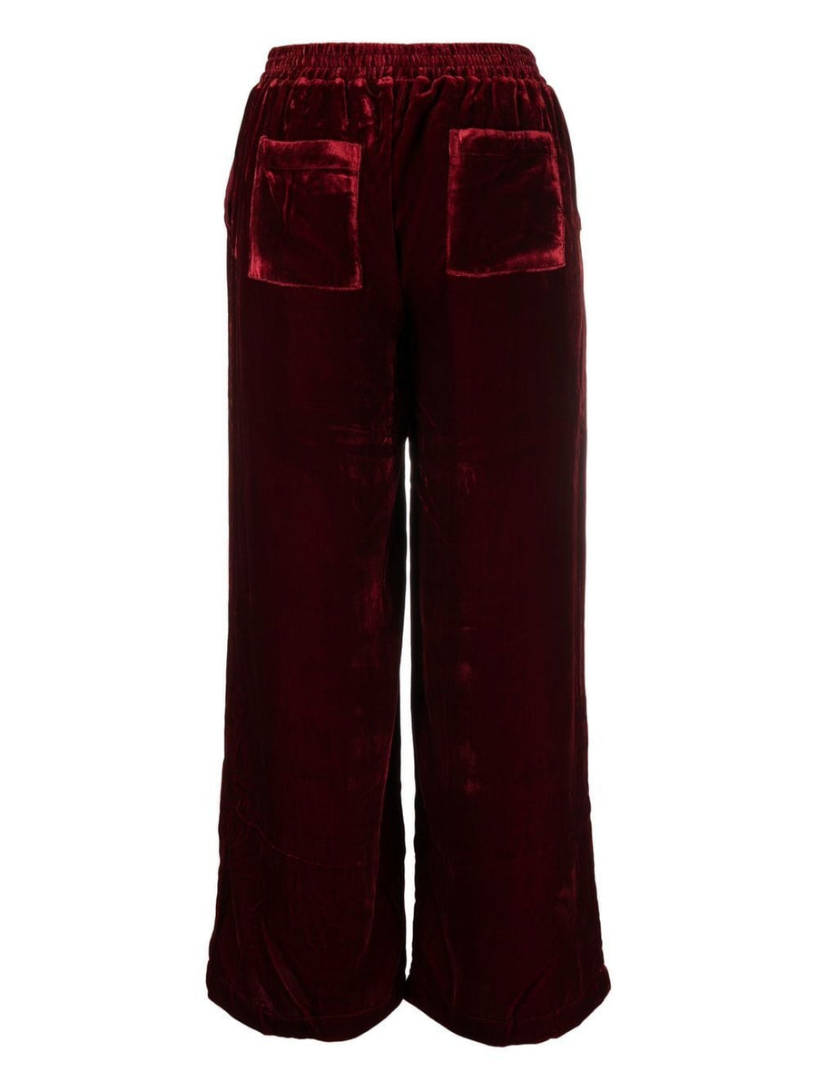 Gold Hawk Velvet Wide Leg Trousers For Women In Ruby Red With Elastic Waistband Detail