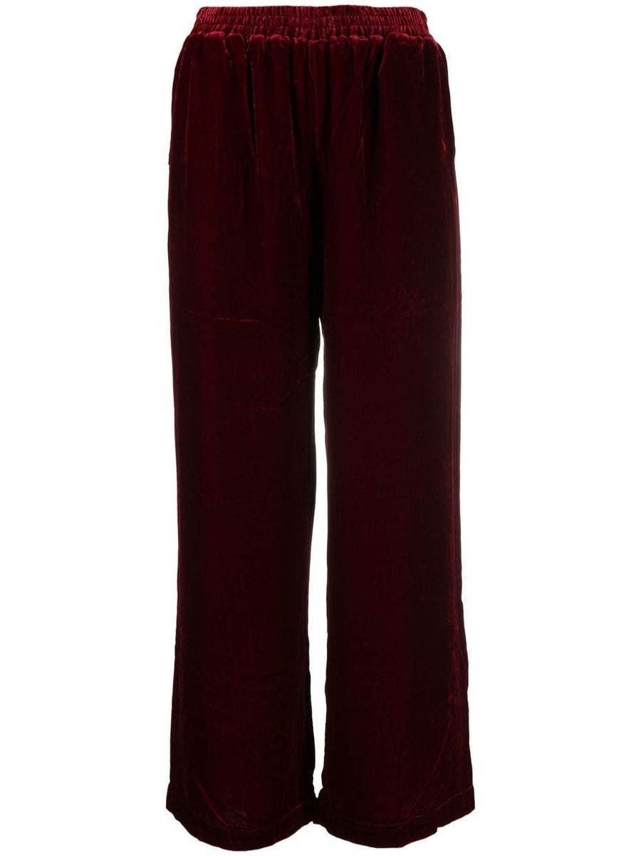Gold Hawk Velvet Wide Leg Trousers For Women In Ruby Red With Elastic Waistband Detail