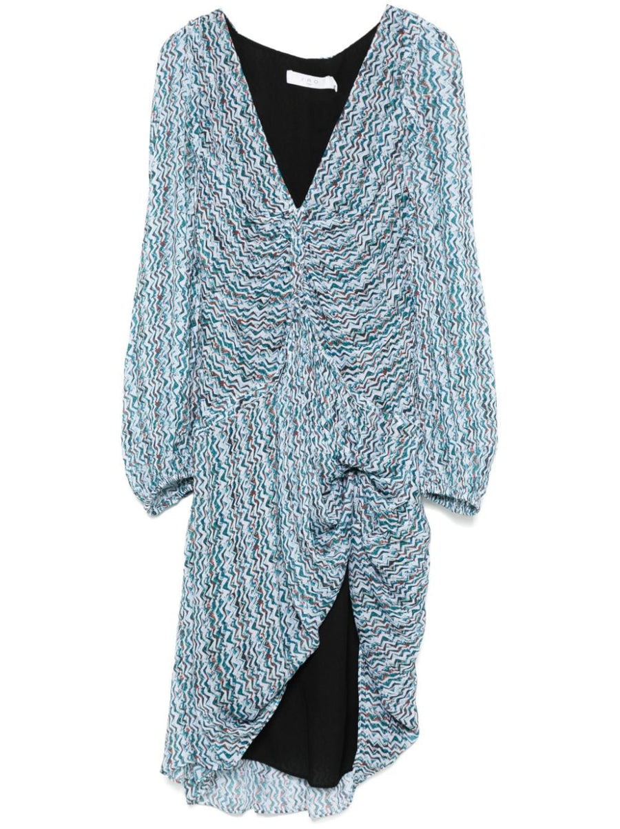 Iro Ruline Short Dress For Women With V-Neck Chic Sheer Sleeves Pleated Skirt Full Lining Turquoise Graphic Print