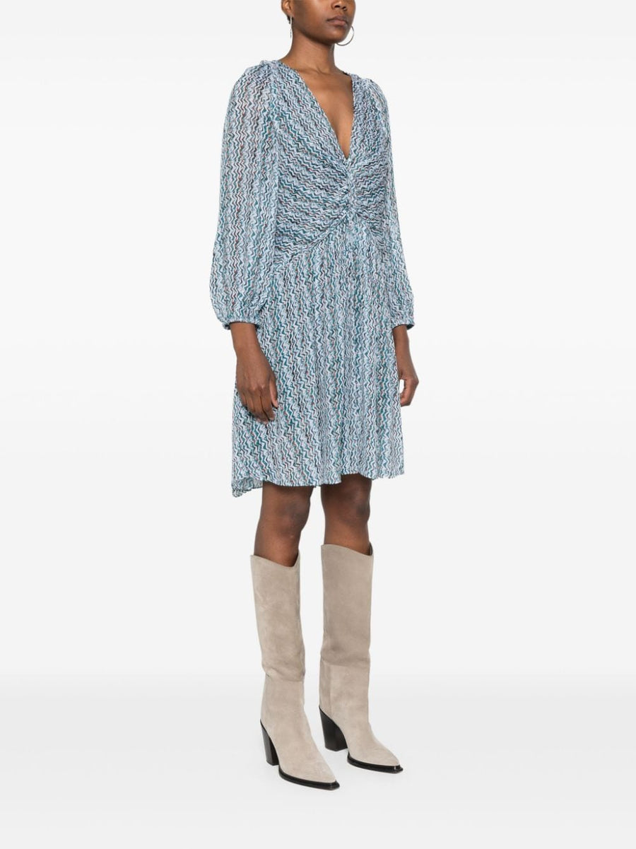 Iro Ruline Short Dress For Women With V-Neck Chic Sheer Sleeves Pleated Skirt Full Lining Turquoise Graphic Print