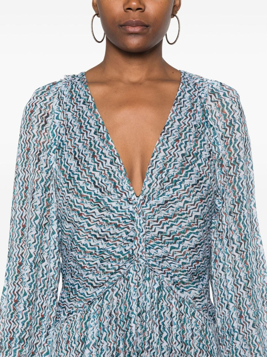 Iro Ruline Short Dress For Women With V-Neck Chic Sheer Sleeves Pleated Skirt Full Lining Turquoise Graphic Print