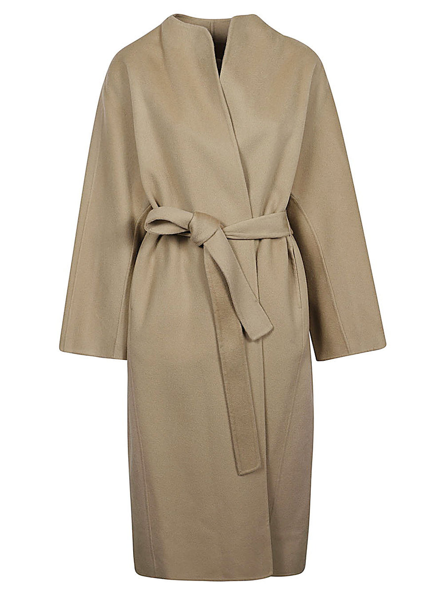 Sandbeige Wool Midi Coat For Women Black Timeless Longline Wool Blend Open Front