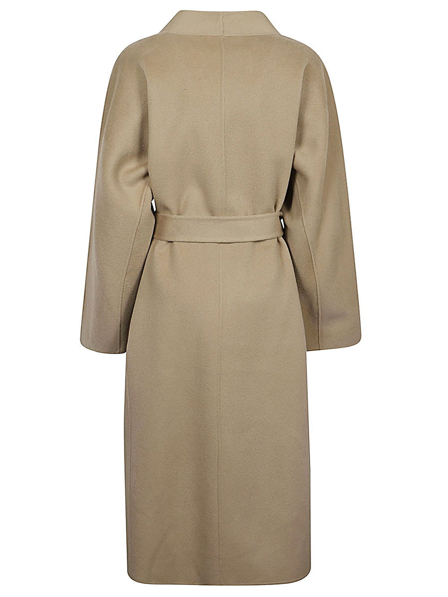 Sandbeige Wool Midi Coat For Women Black Timeless Longline Wool Blend Open Front