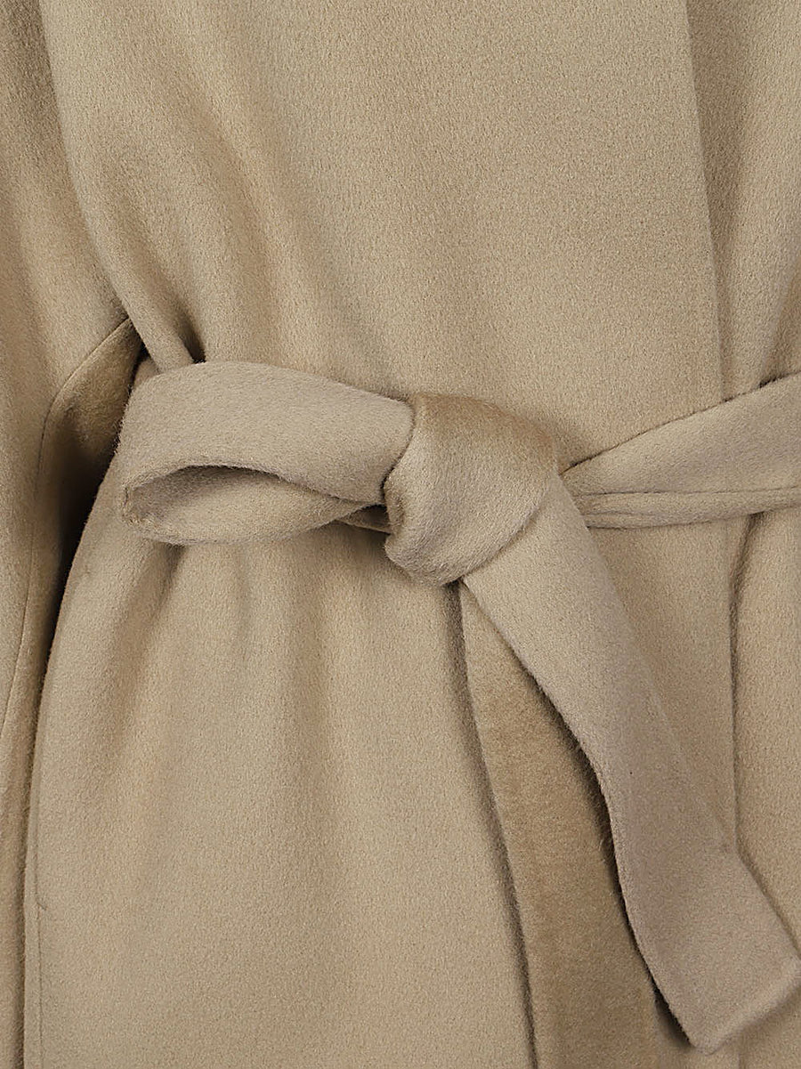 Sandbeige Wool Midi Coat For Women Black Timeless Longline Wool Blend Open Front
