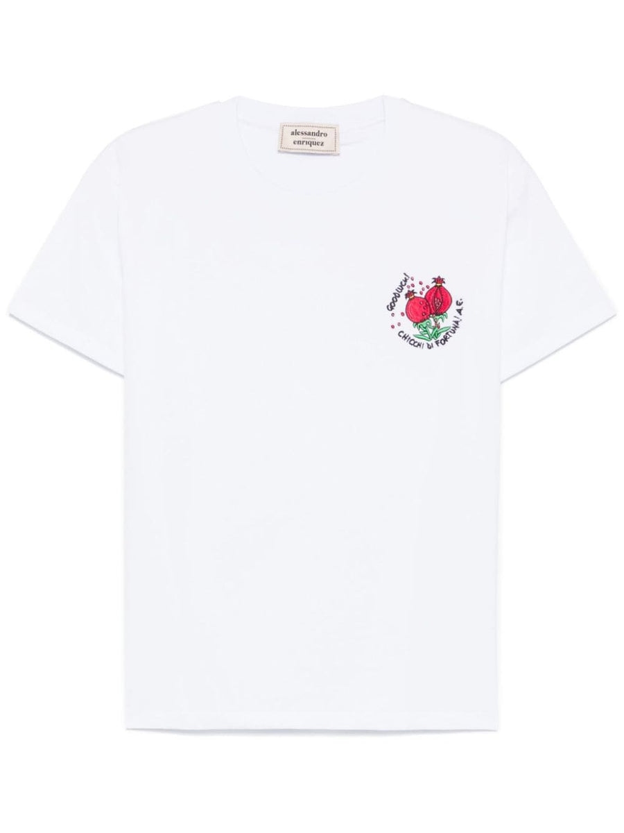 Alessandro Enriquez Embroidered Cotton Tee For Women, Lightweight Premium White Top With Signature Slogan