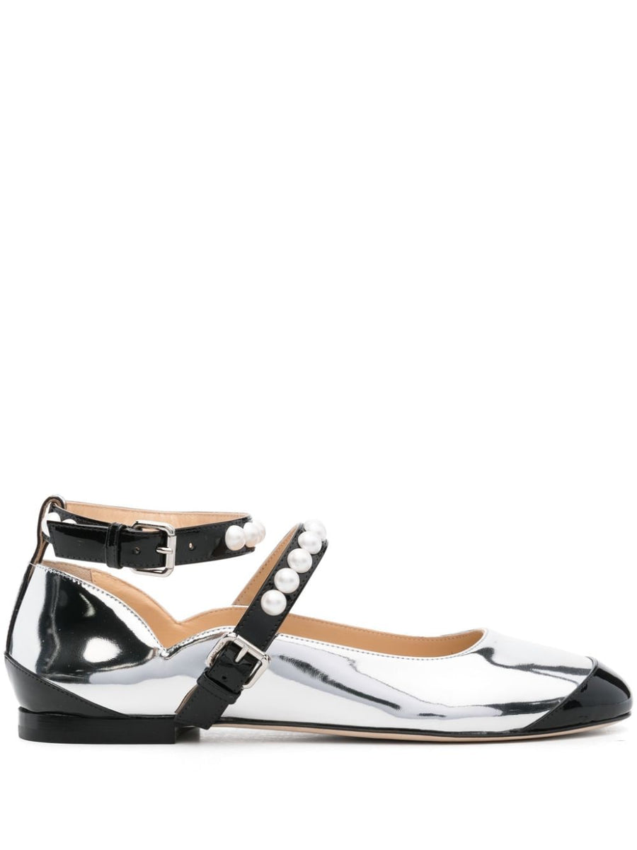 Mach and Mach Two Tone Ballerina Flats For Women Silver Black Calf Leather Panelled Design