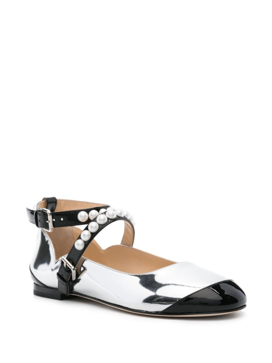 Mach and Mach Two Tone Ballerina Flats For Women Silver Black Calf Leather Panelled Design