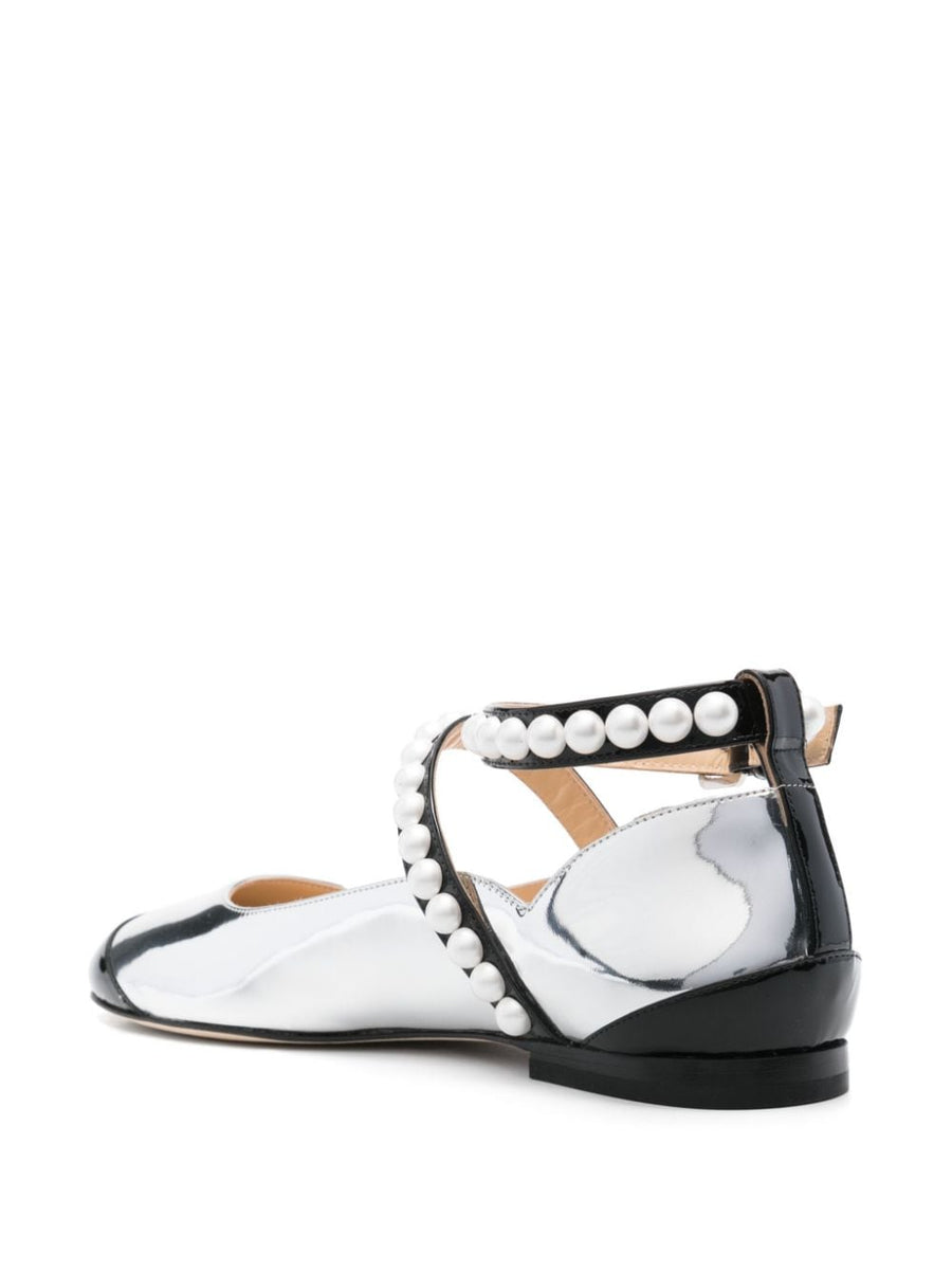 Mach and Mach Two Tone Ballerina Flats For Women Silver Black Calf Leather Panelled Design