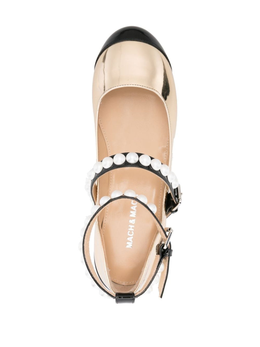 Mach & Mach Two Tone Ballerina Flats Gold Patent Calf Leather Luxury For Women Party And Everyday Wear