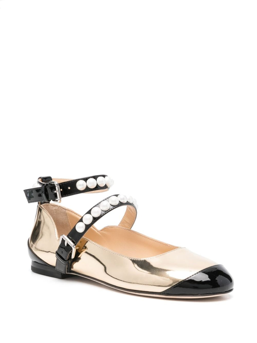 Mach & Mach Two Tone Ballerina Flats Gold Patent Calf Leather Luxury For Women Party And Everyday Wear