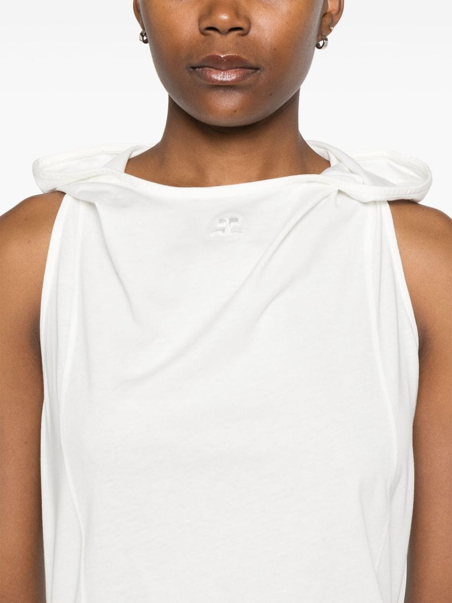 Courreges Hooded Tank Top White Cotton Jersey Built In Hood Racerback For Women Everyday Wear