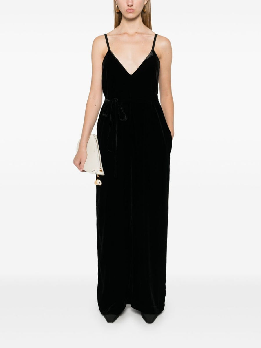 Gold Hawk Velvet Jumpsuit Black V Back Wide Leg Luxury Eveningwear For Women Elegant One Piece Attire