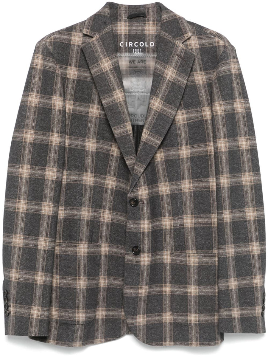 Circolo 1901 Cotton Jacket For Men Elastane Stretch Fleece Finish Camel Plaid Notched Lapels Single Breasted
