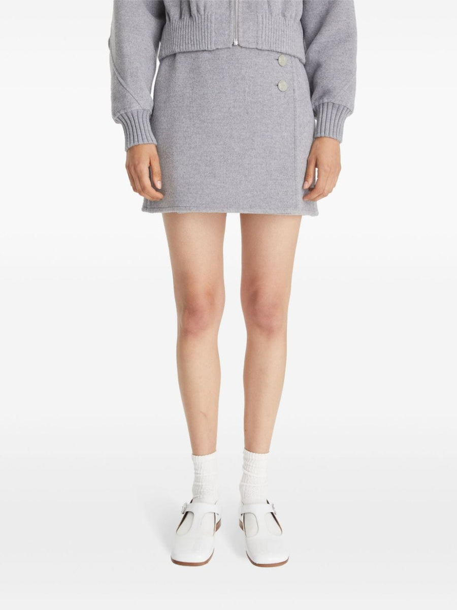 Tory Burch Wool Mini Skirt Grey Brushed Wool Faux Wrap Silhouette Timeless For Women Office Wear