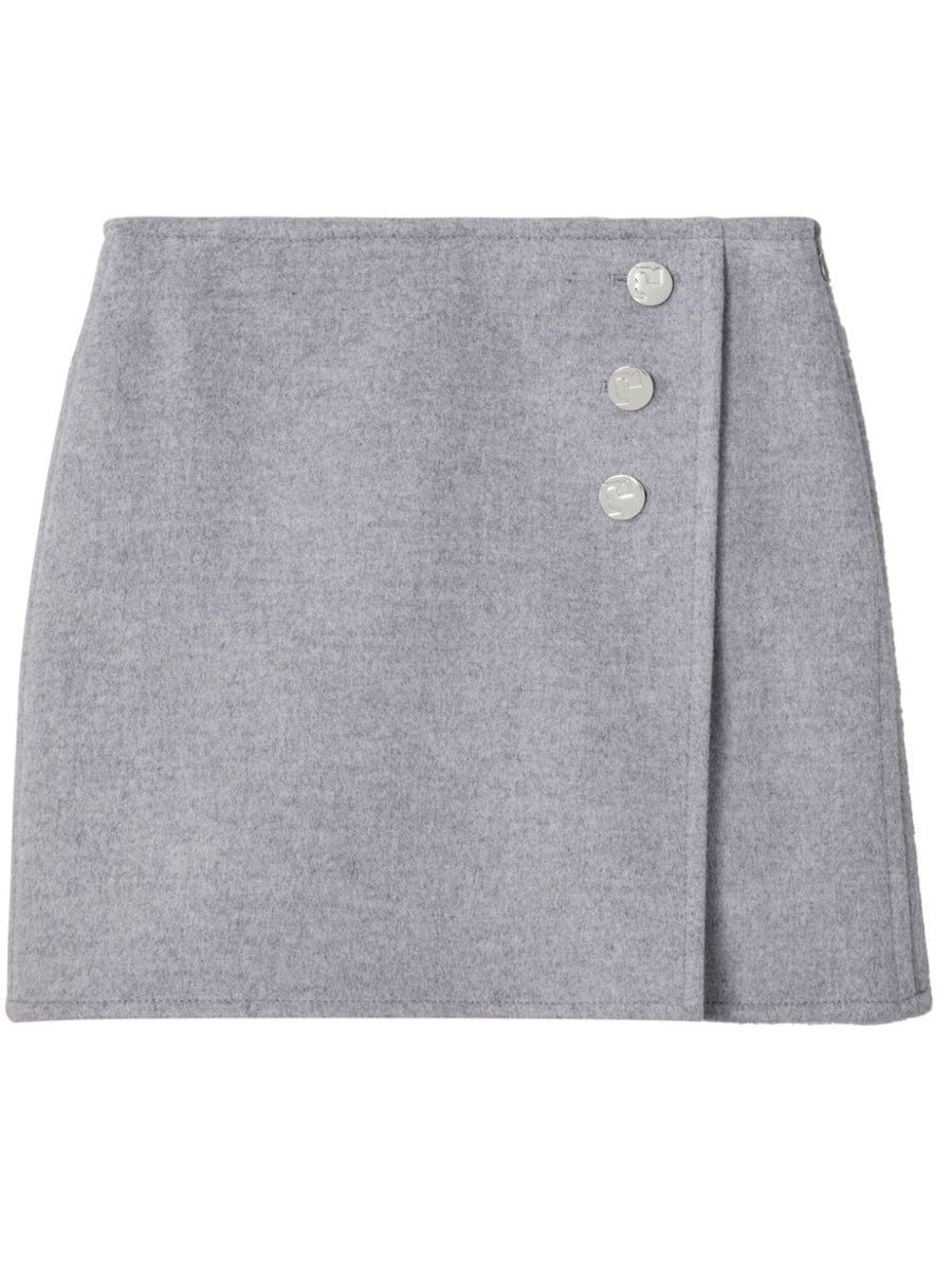 Tory Burch Wool Mini Skirt Grey Brushed Wool Faux Wrap Silhouette Timeless For Women Office Wear