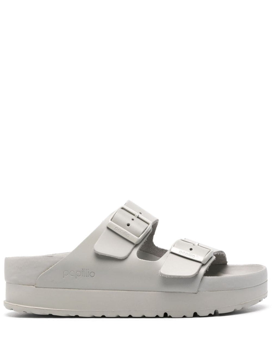 Birkenstock Arizona Platform Sandals For Women With Moulded Footbed Grey Calf Leather Two Straps