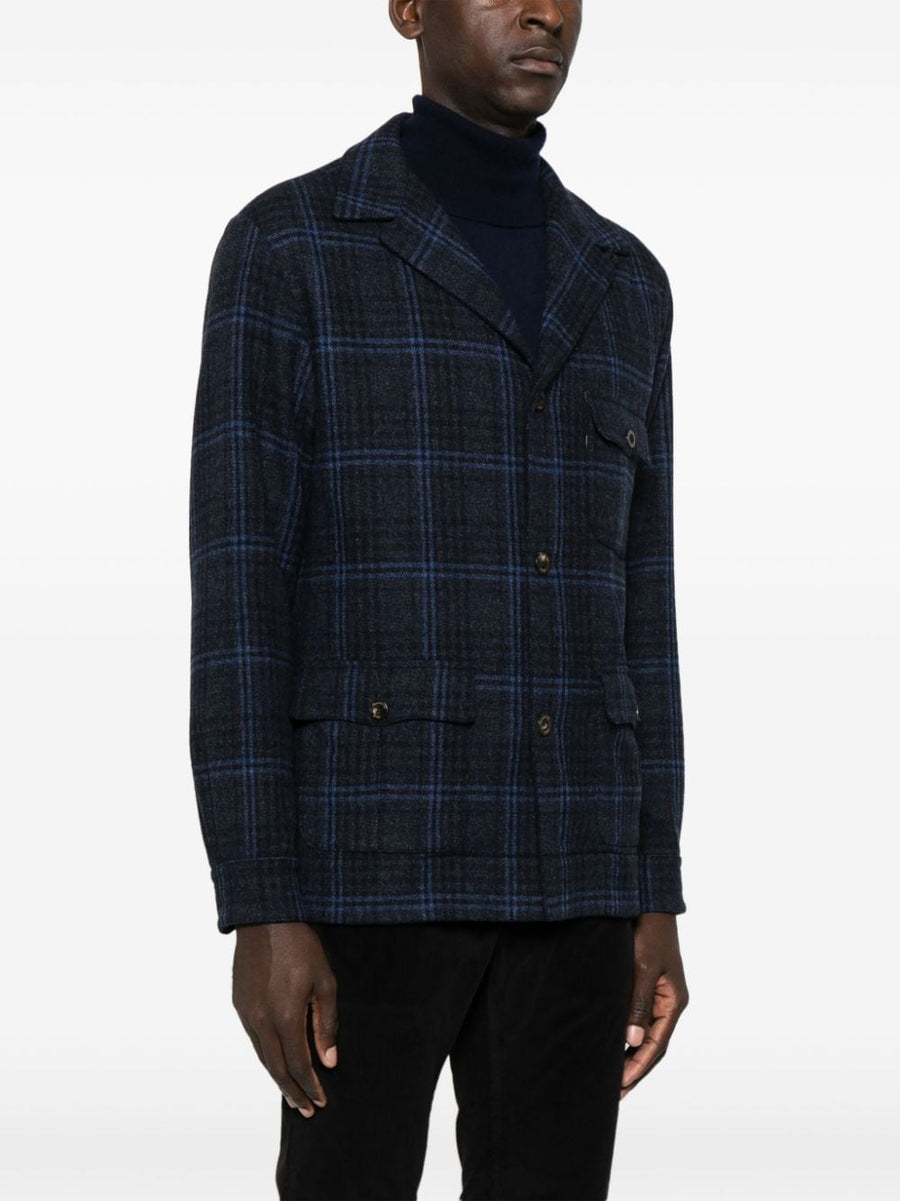 Finamore 1925 Napoli Blue Wool Check Blazer For Men Elegant Versatile Single Breasted