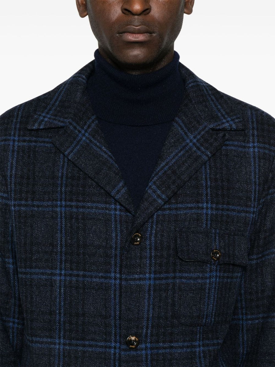 Finamore 1925 Napoli Blue Wool Check Blazer For Men Elegant Versatile Single Breasted