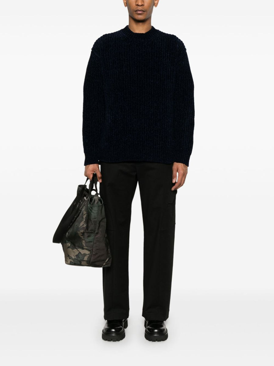 Junya Watanabe Wool Blend Jumper Navy Ribbed Knit For Modern Men Premium Wardrobe Essential