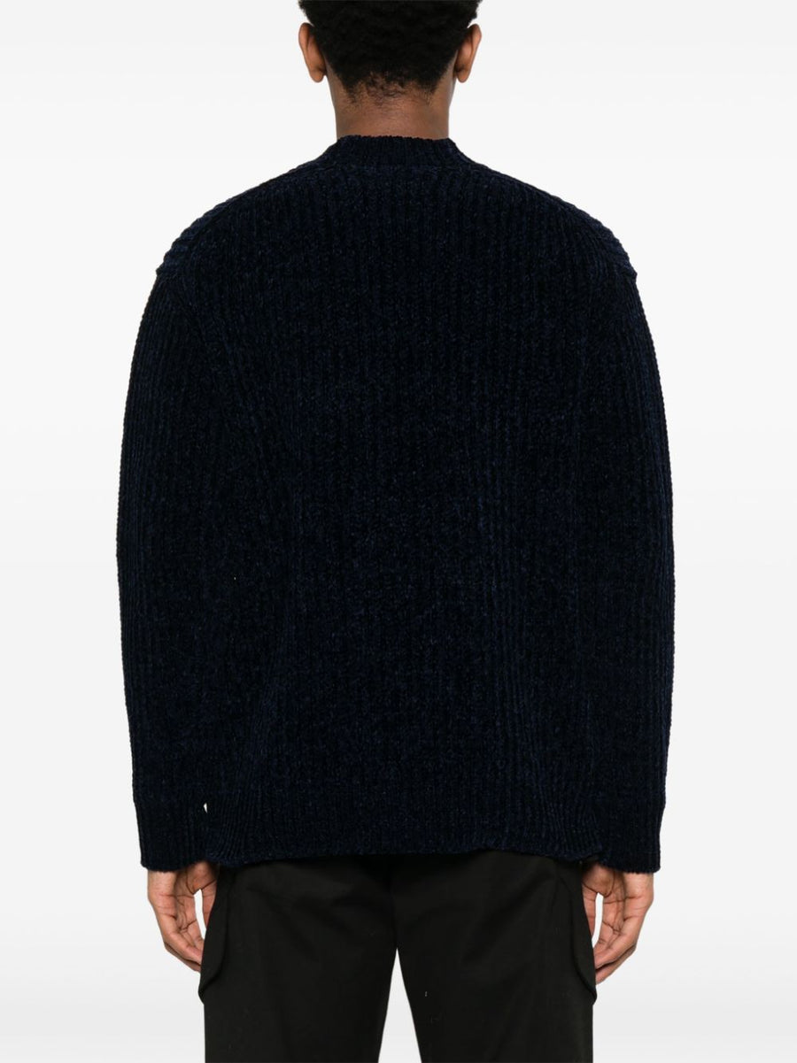 Junya Watanabe Wool Blend Jumper Navy Ribbed Knit For Modern Men Premium Wardrobe Essential