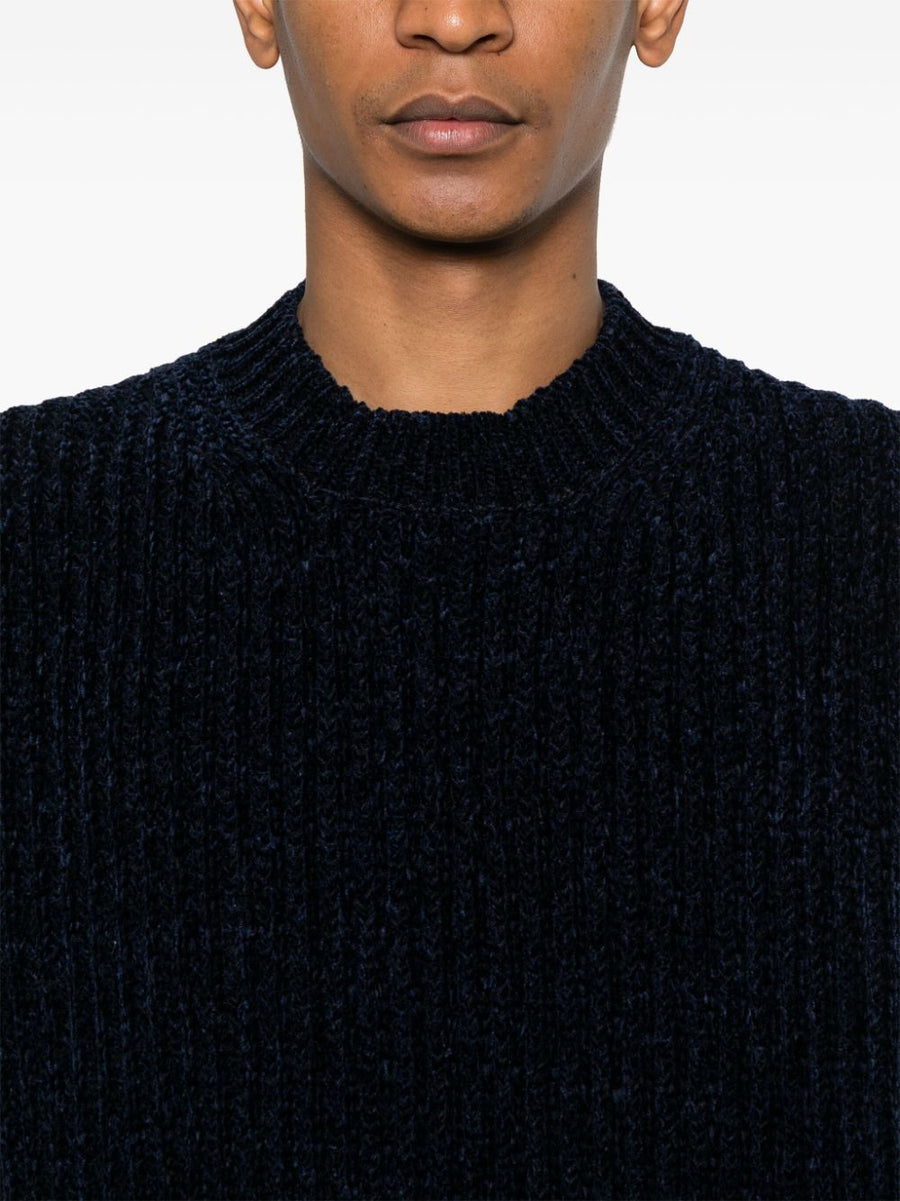 Junya Watanabe Wool Blend Jumper Navy Ribbed Knit For Modern Men Premium Wardrobe Essential