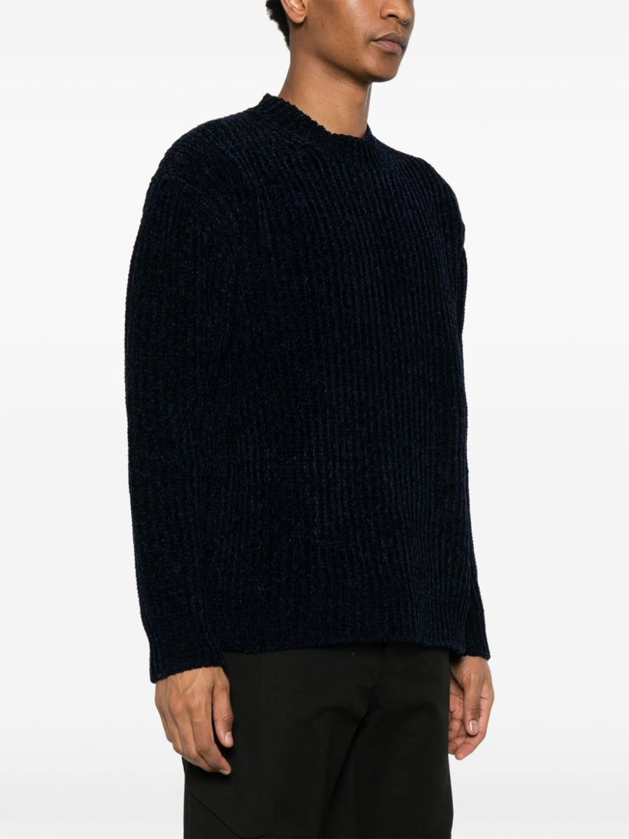 Junya Watanabe Wool Blend Jumper Navy Ribbed Knit For Modern Men Premium Wardrobe Essential