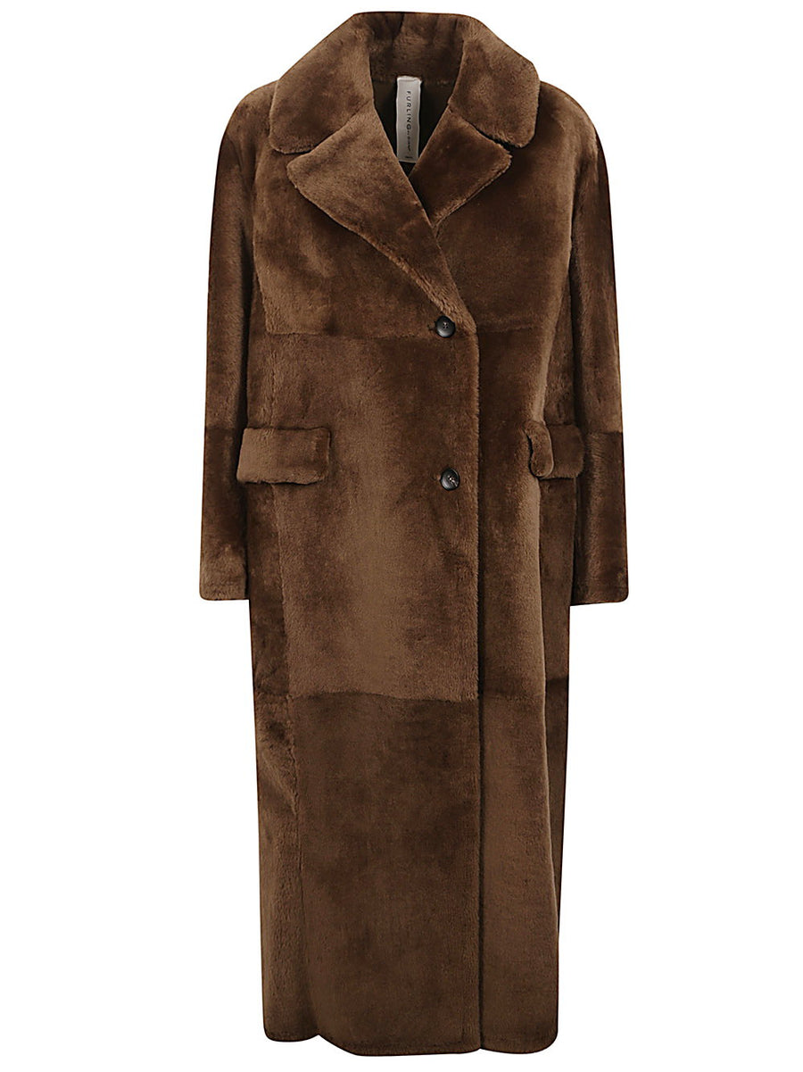 Furling By Giani Lambiskin Long Coat for Women Brown Double Breasted Pockets Luxury Outerwear