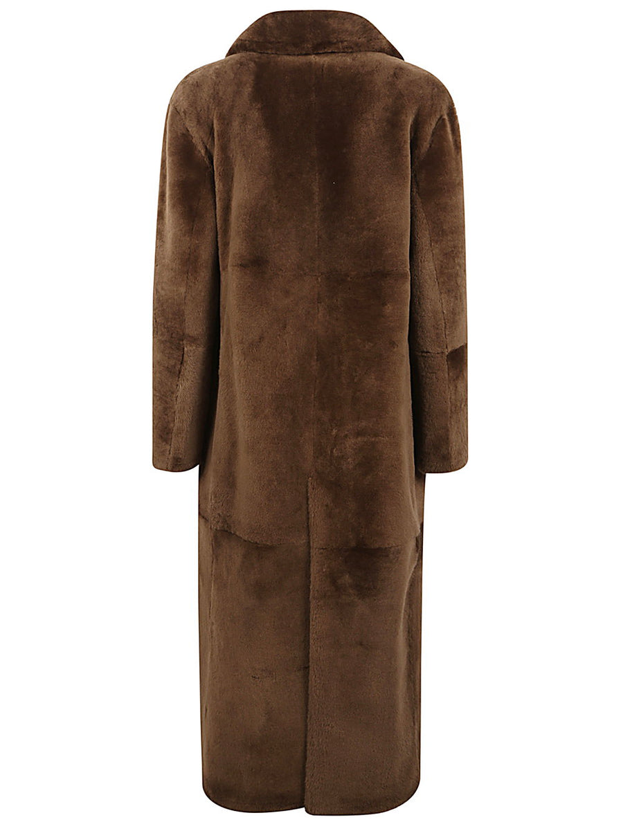 Furling By Giani Lambiskin Long Coat for Women Brown Double Breasted Pockets Luxury Outerwear