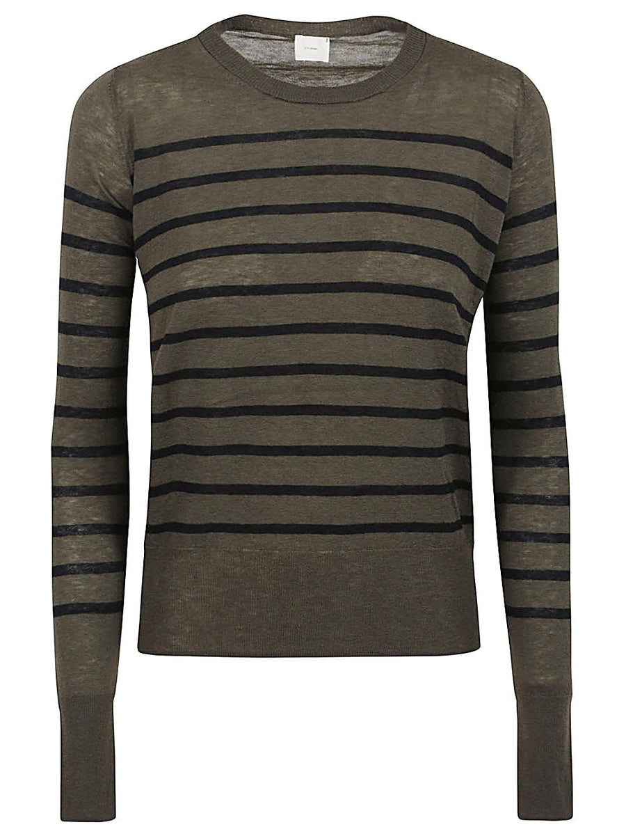 Ct Plage Wool Striped Sweater For Women 100 Percent Wool Khaki Crew Neck Long Sleeve Knit Cozy Fall Winter 2024
