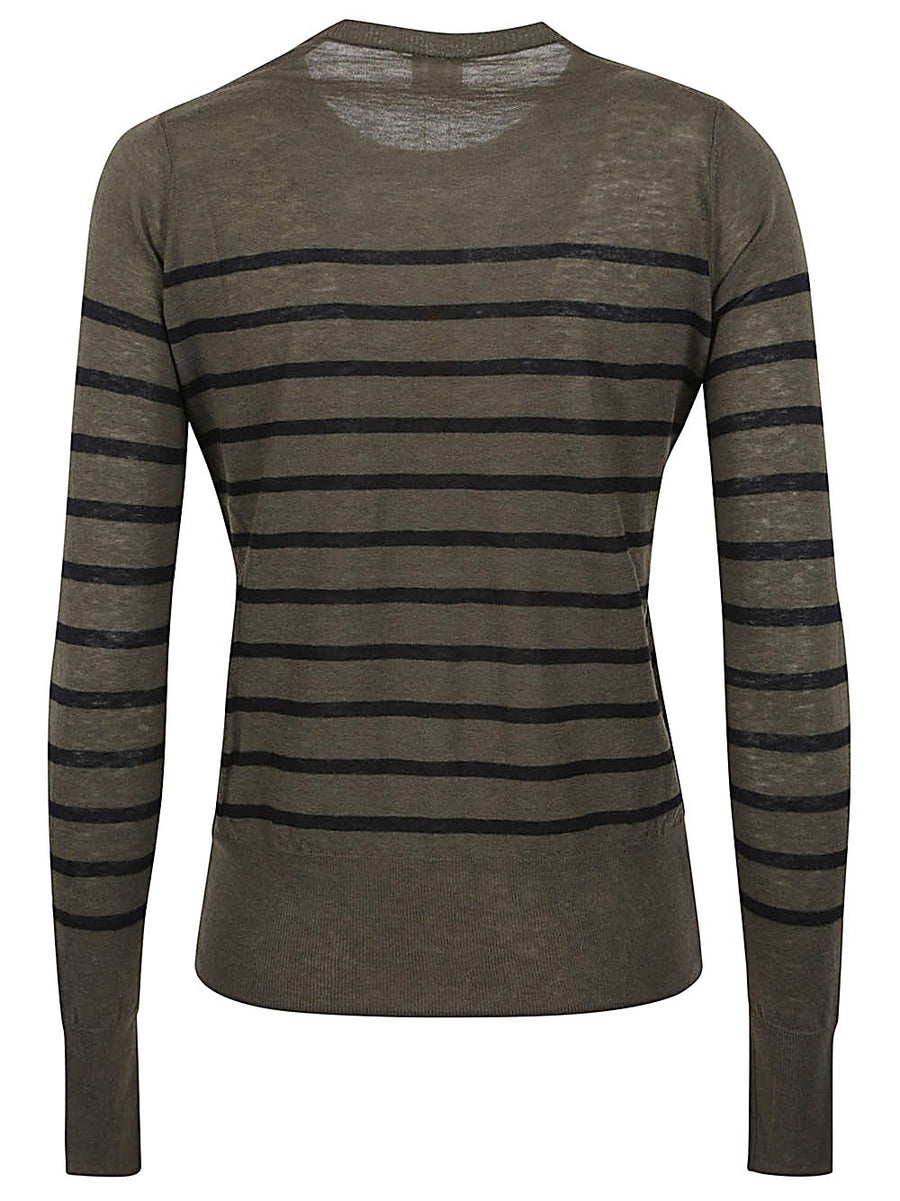 Ct Plage Wool Striped Sweater For Women 100 Percent Wool Khaki Crew Neck Long Sleeve Knit Cozy Fall Winter 2024