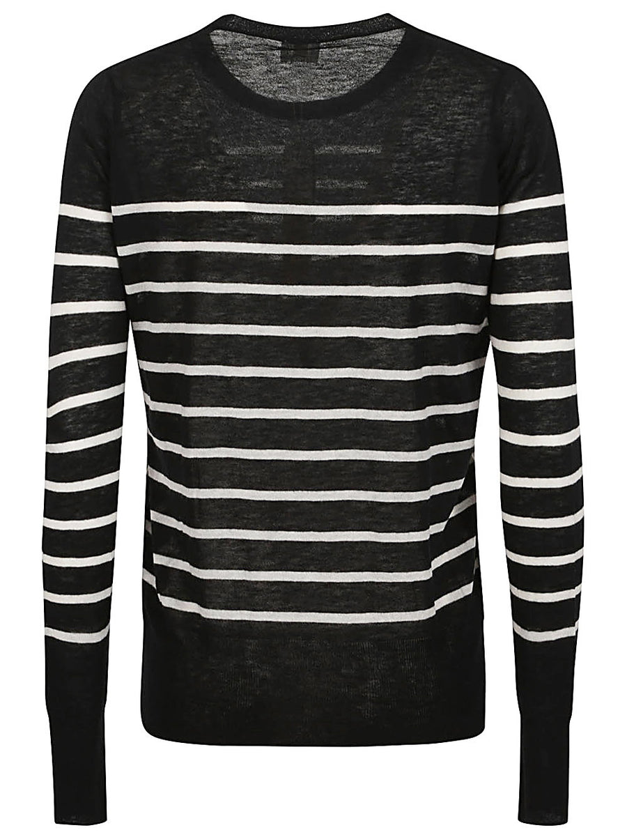 Ct Plage Wool Striped Sweater For Women Black 100 Percent Wool Warm Crew Neck Knit Top