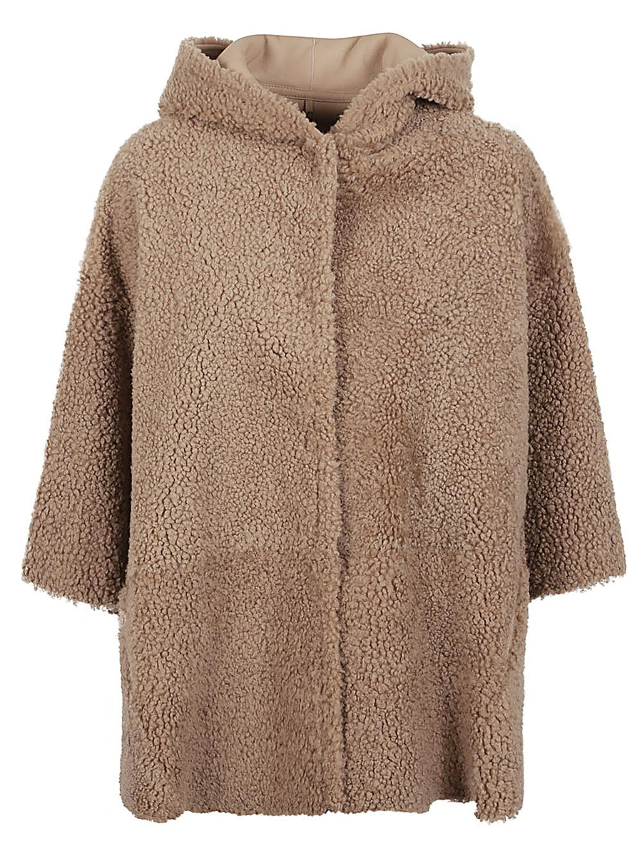 Enes Camel Suede Leather Jacket Poncho with Hood for Women Winter Layering Warmth and Comfort