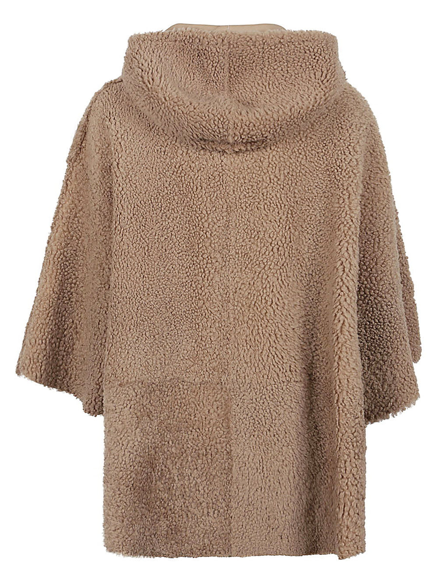 Enes Camel Suede Leather Jacket Poncho with Hood for Women Winter Layering Warmth and Comfort