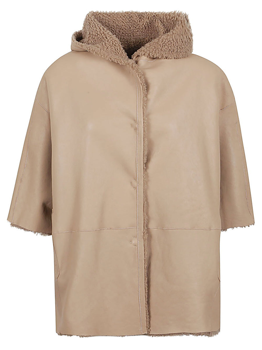 Enes Camel Suede Leather Jacket Poncho with Hood for Women Winter Layering Warmth and Comfort