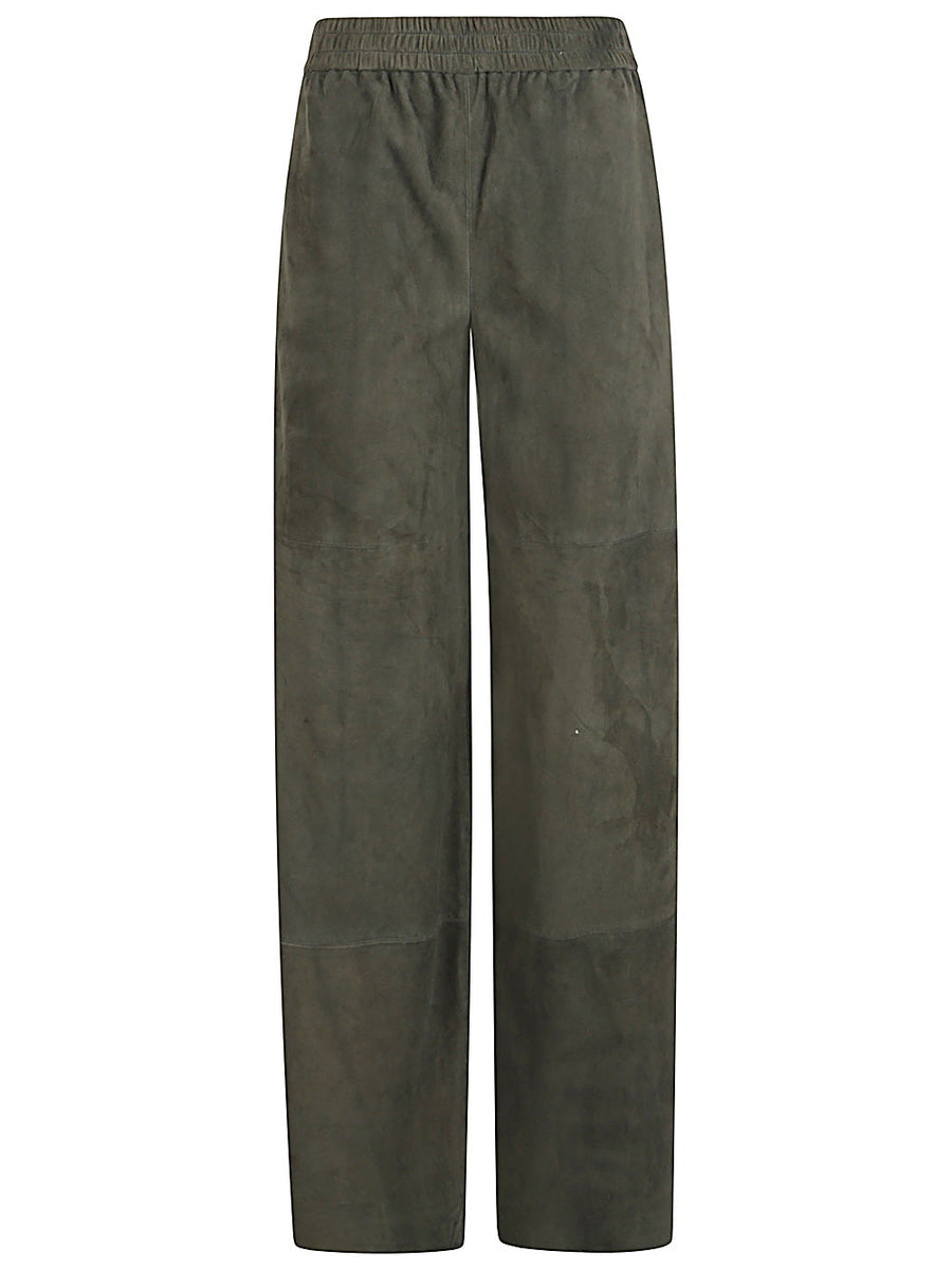 Via Masini 80 Suede Leather Trousers For Women Dark Green High Waisted Wide Leg Luxury Comfort