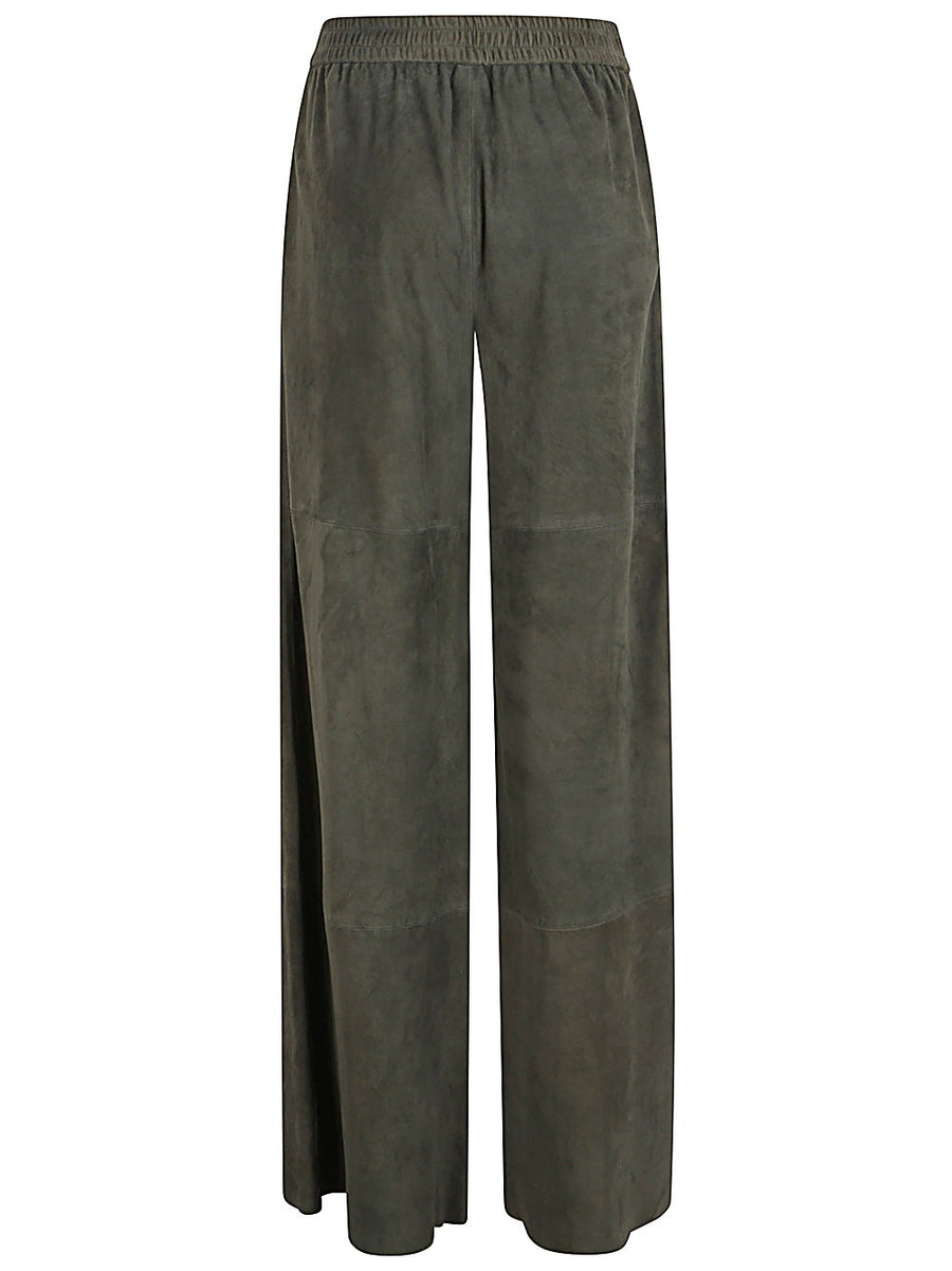 Via Masini 80 Suede Leather Trousers For Women Dark Green High Waisted Wide Leg Luxury Comfort