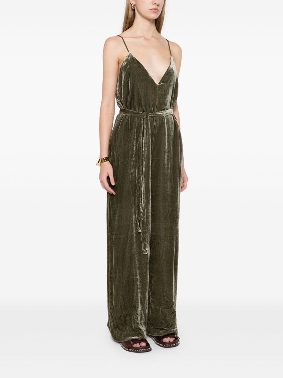 Velvet Jumpsuit For Women By Gold Hawk Lux Moss Green Palazzo With Belt And Concealed Side Zip