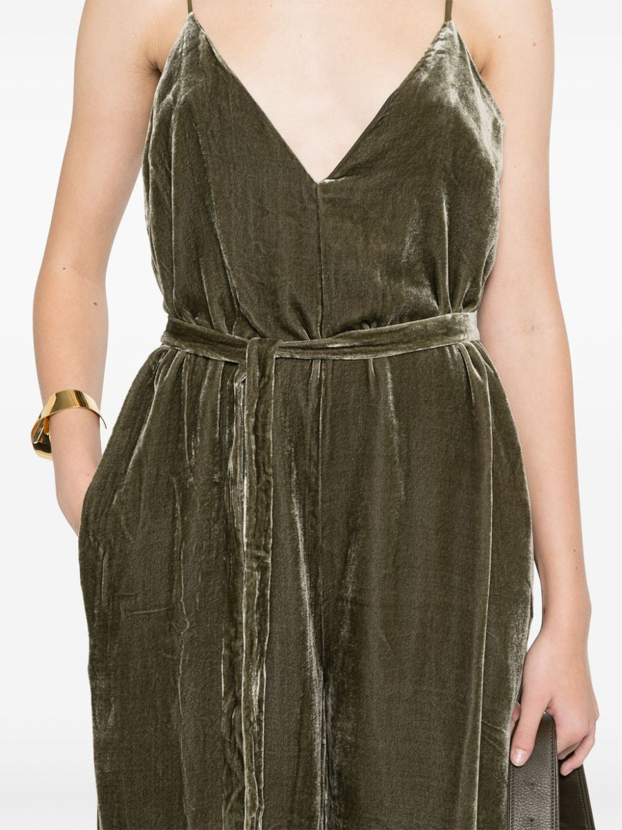 Velvet Jumpsuit For Women By Gold Hawk Lux Moss Green Palazzo With Belt And Concealed Side Zip