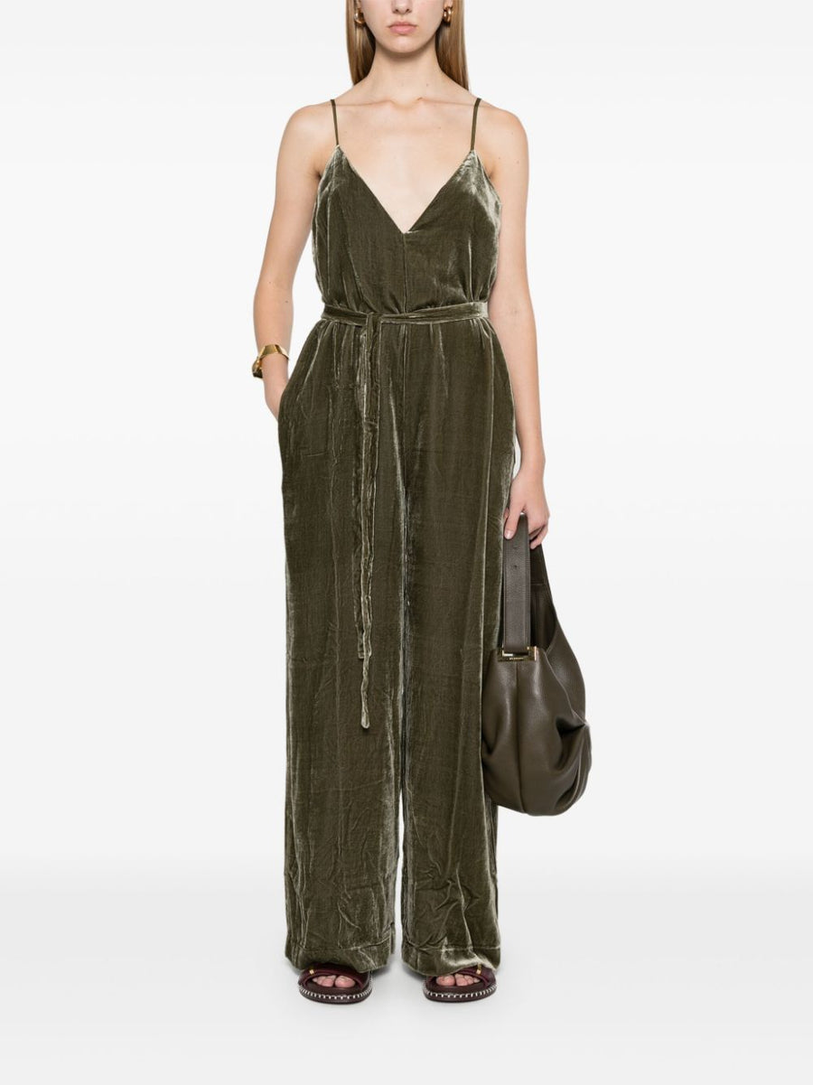 Velvet Jumpsuit For Women By Gold Hawk Lux Moss Green Palazzo With Belt And Concealed Side Zip