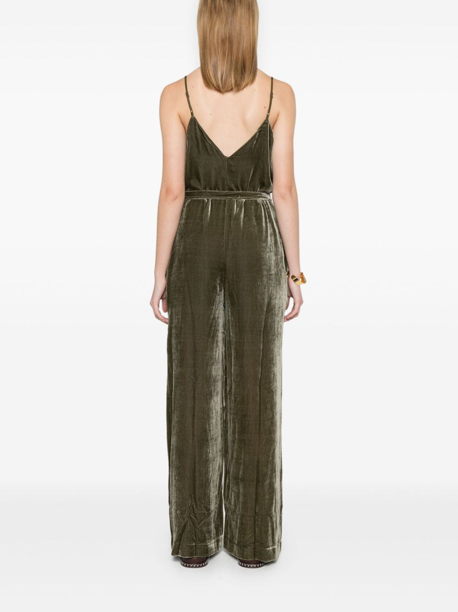 Velvet Jumpsuit For Women By Gold Hawk Lux Moss Green Palazzo With Belt And Concealed Side Zip