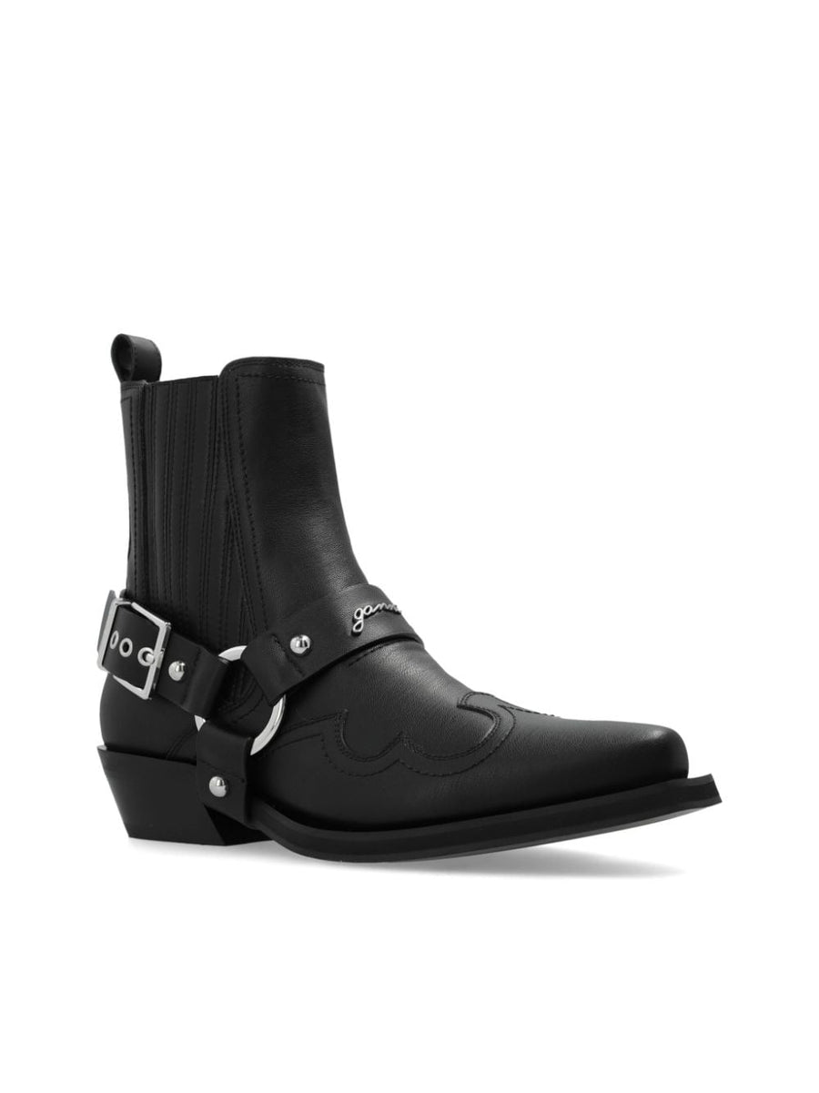 Ganni Western Chelsea Boots For Women Low Cut Slip On Pointed Toe With Silver Buckle