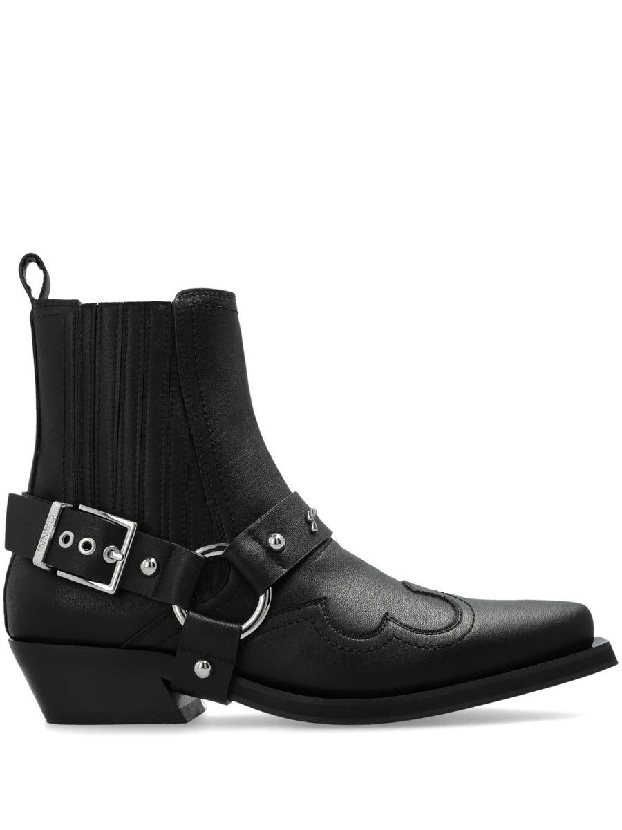 Ganni Western Chelsea Boots For Women Low Cut Slip On Pointed Toe With Silver Buckle