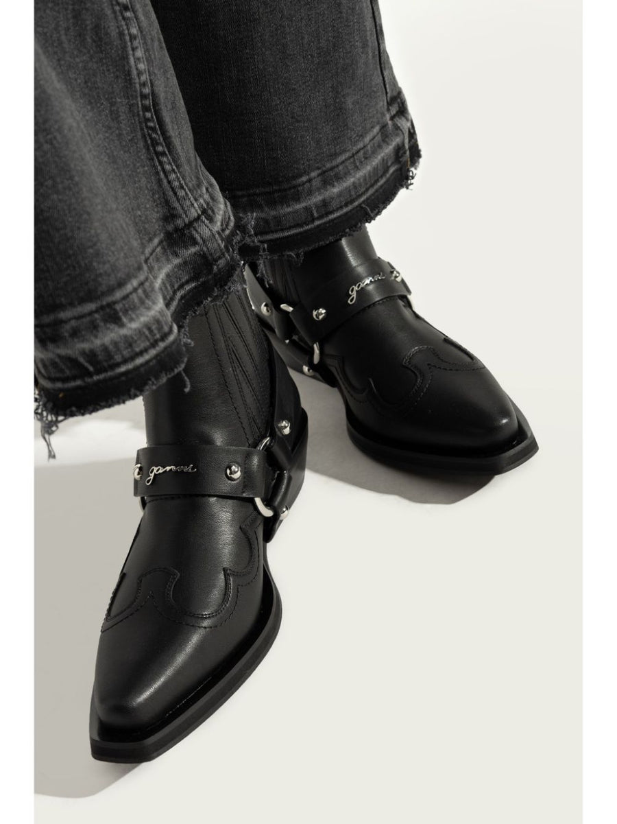Ganni Western Chelsea Boots For Women Low Cut Slip On Pointed Toe With Silver Buckle