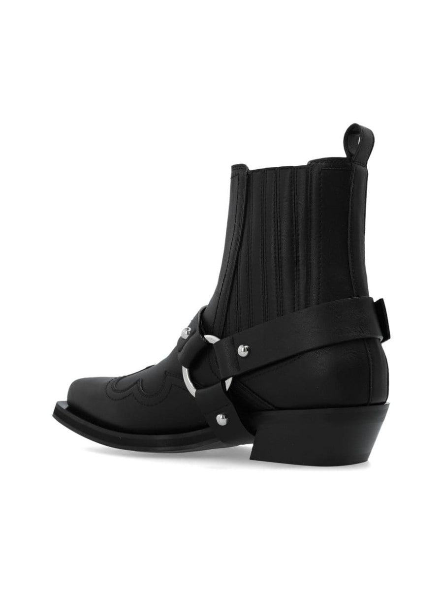 Ganni Western Chelsea Boots For Women Low Cut Slip On Pointed Toe With Silver Buckle